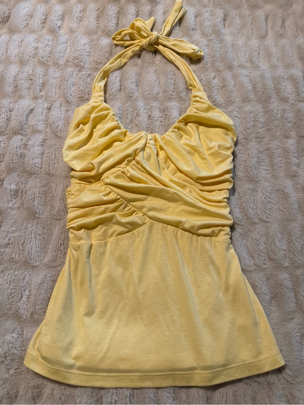 Y2K Ruched Halter Top Butter Yellow Tie Neck Tie Back Going Out Size S